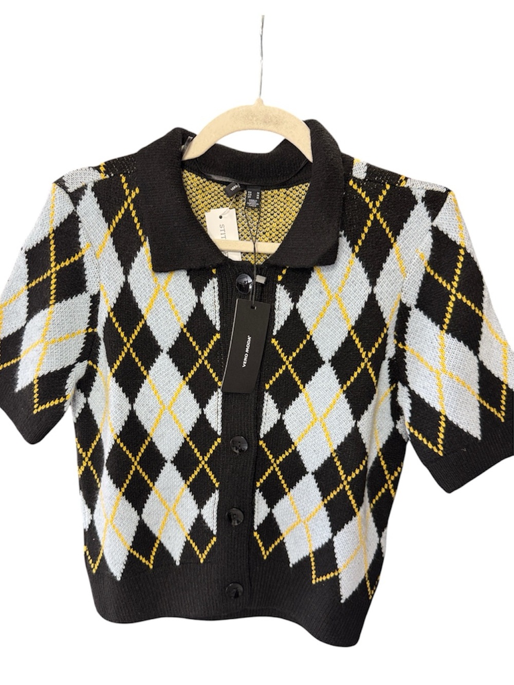 Vero Moda Black, White & Yellow Argyle Knit Cardigan Sweater